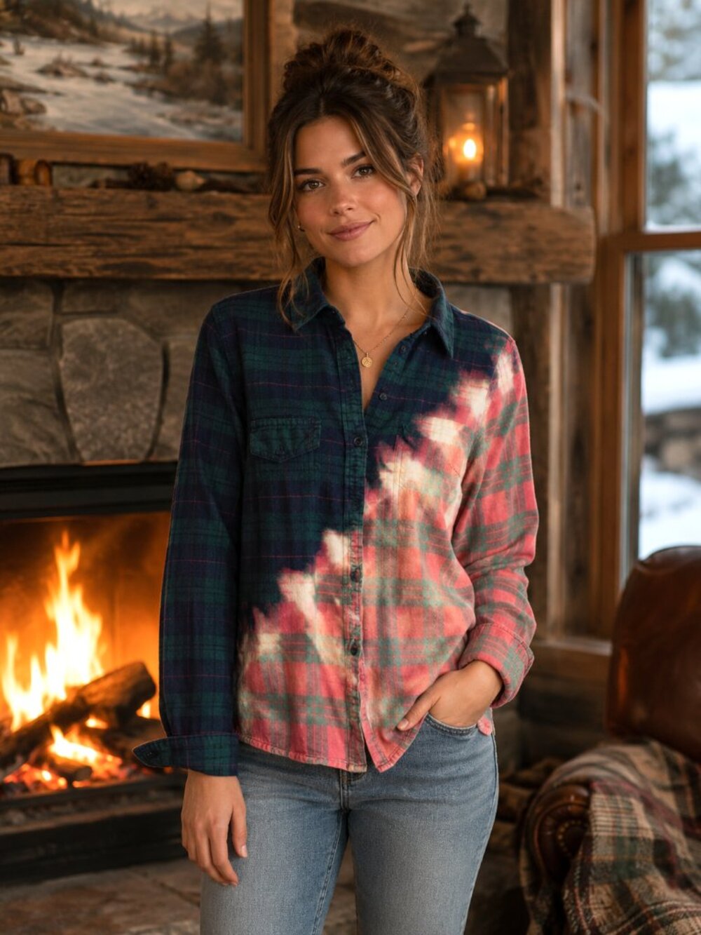 Upcycled Bleached Flannel Shirt, Cropped Distressed Top Green Pink Junior Medium